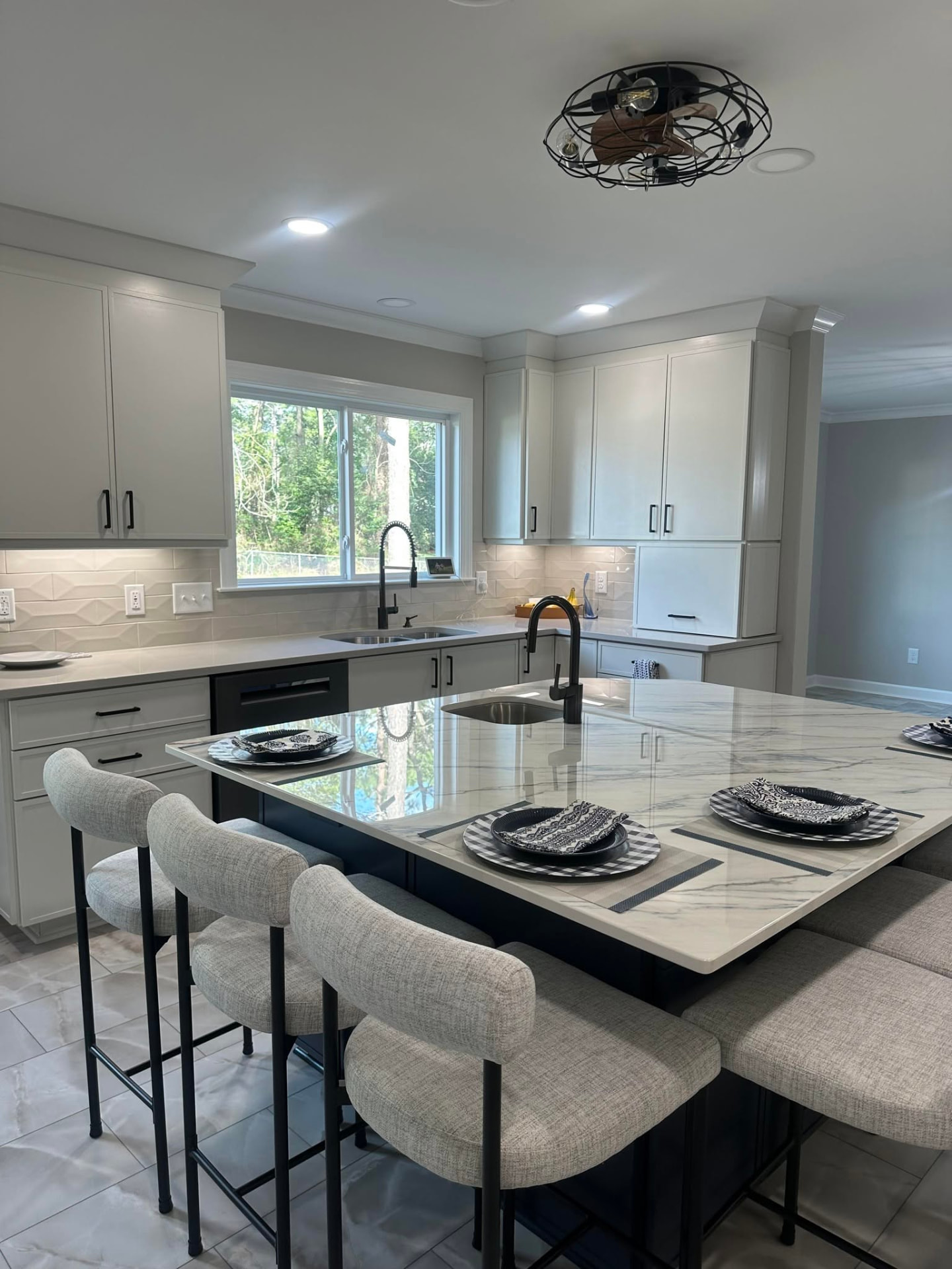 Marble island kitchen cleaned and staged